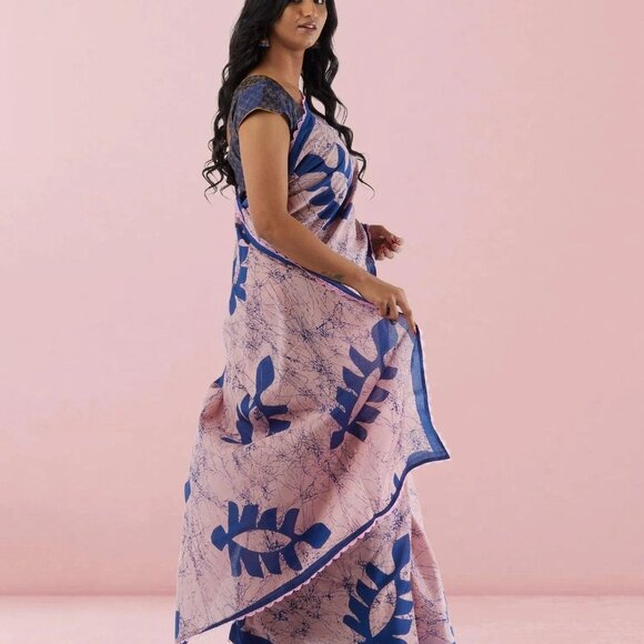 Elegant Jaipur Cotton Saree in Pink and Blue | Muvvas Boutique - Picture 3 of 4